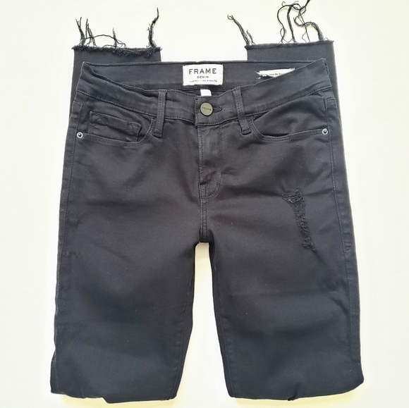 Frame Le Skinny Jeanne Crop Raw Hem Distressed Black Jeans Size 26 - Picture 9 of 14